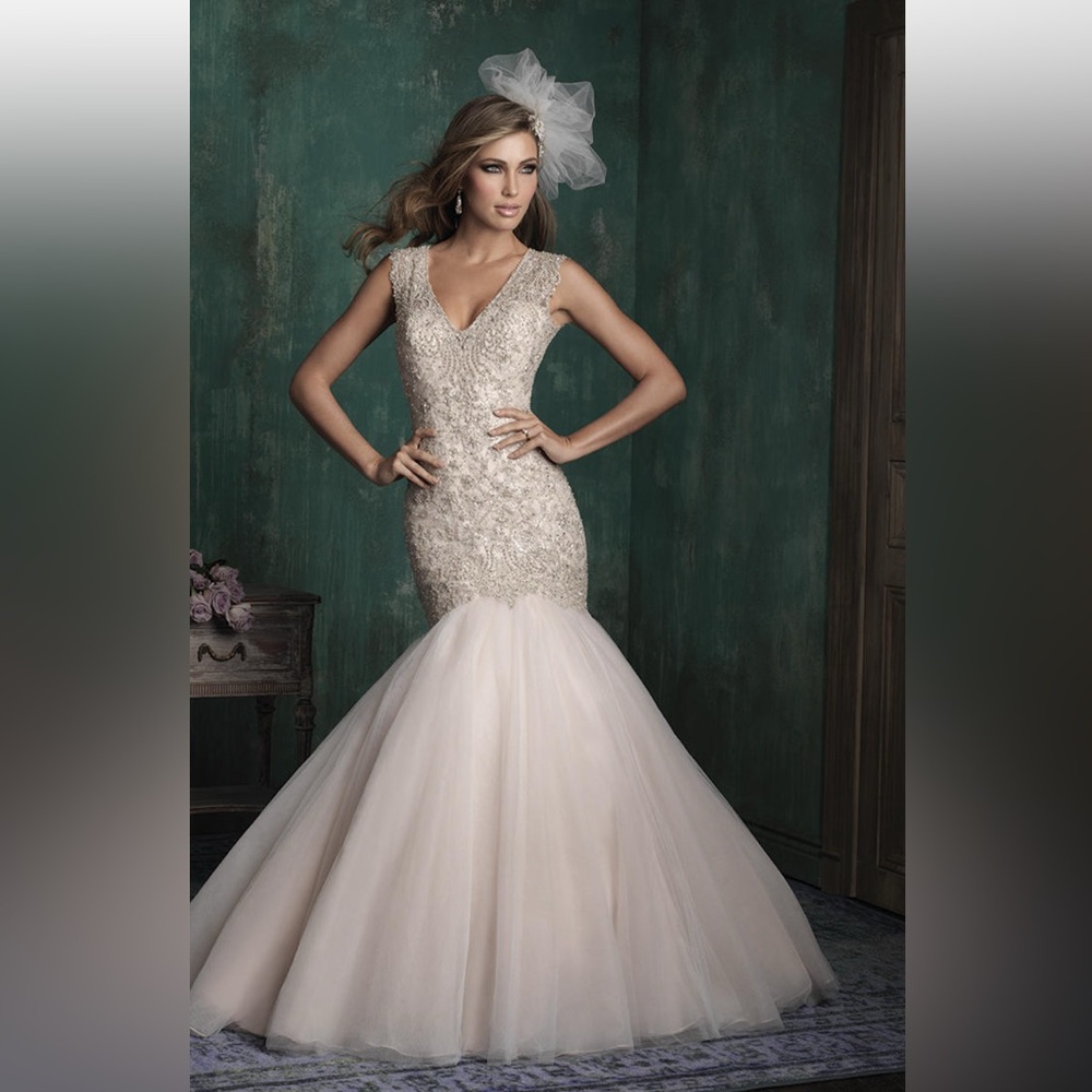 Allure Bridal White with Ivory Lace Long-Sleeved Gown